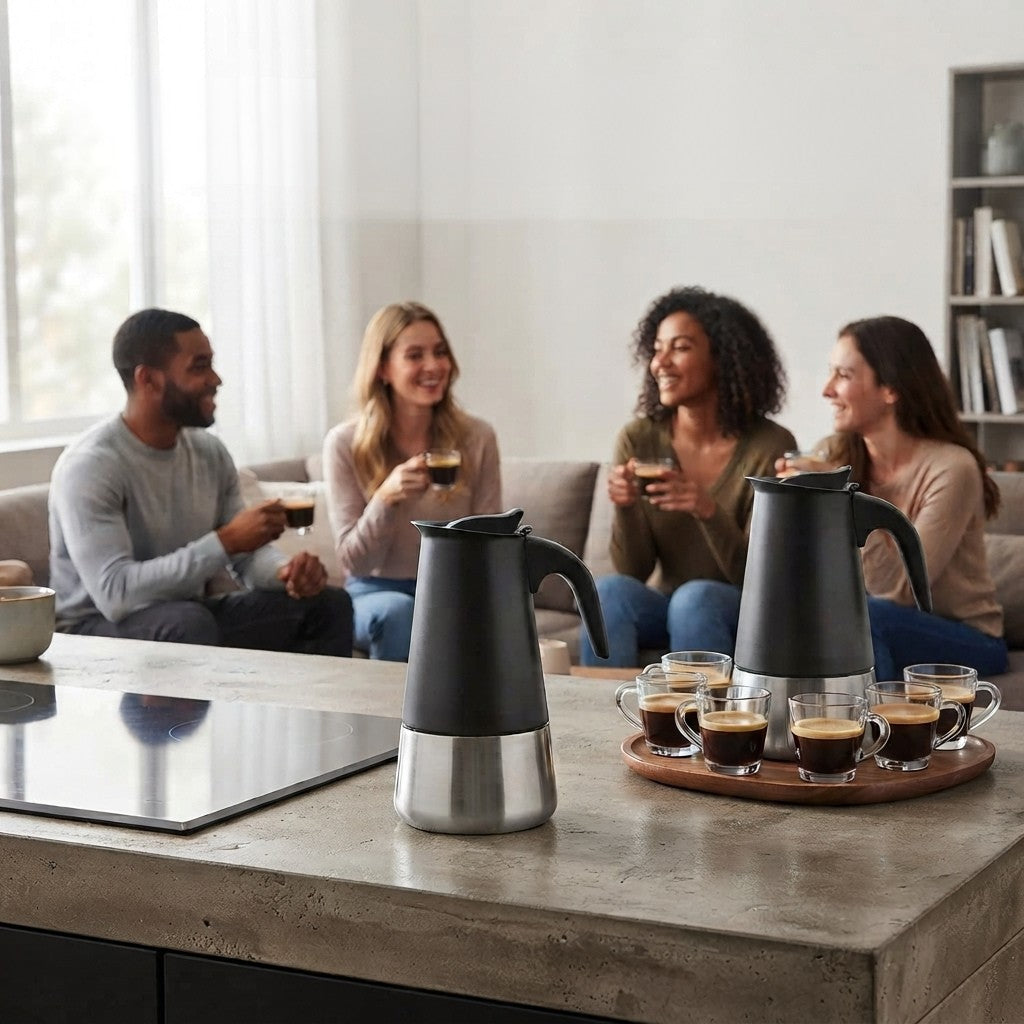 Cafetière italienne induction 6 tasses au centre d'une rencontre entre amis