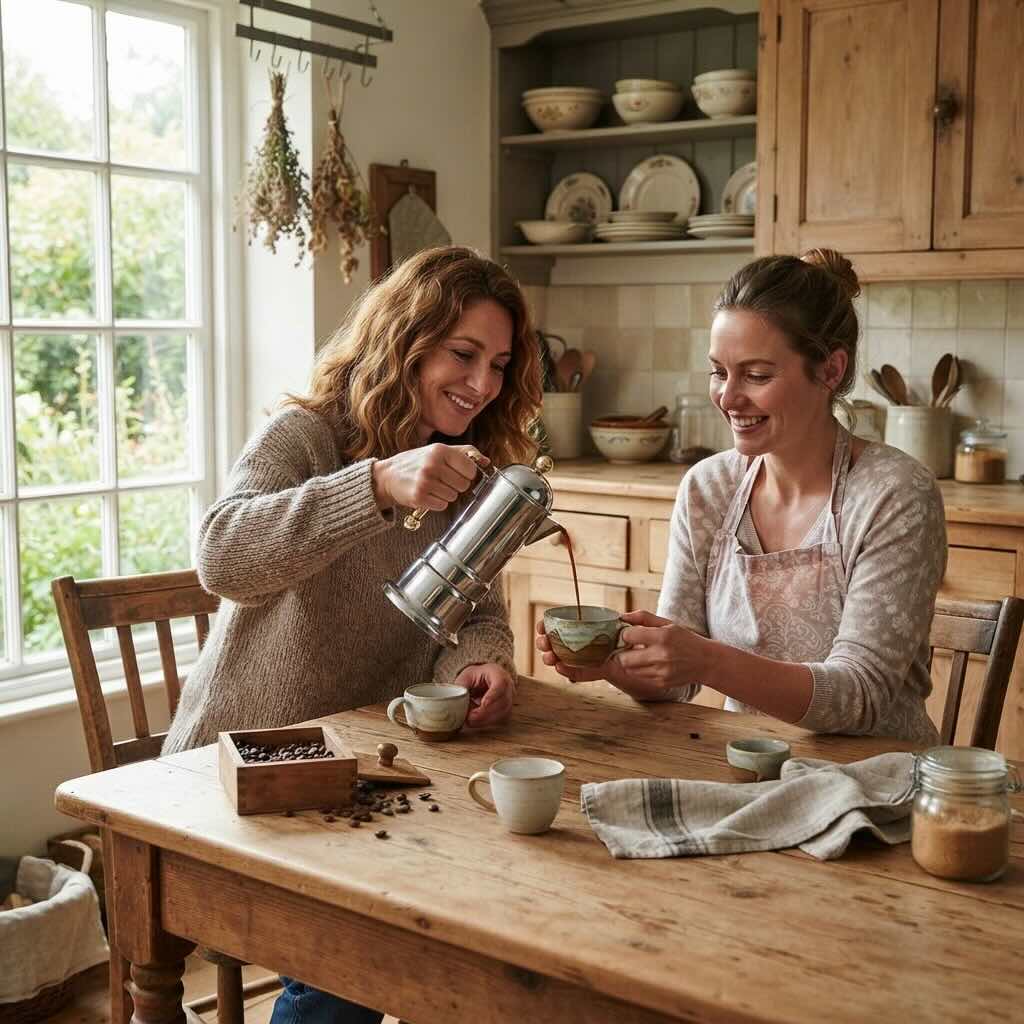 Cafetière italienne induction moment de partage entre amies en savourant un espresso
