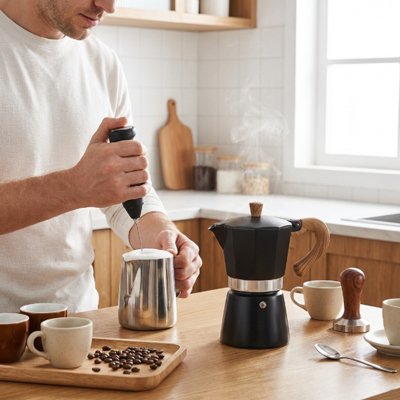 Cafetière italienne | Moka Nordique noire sur un plan de travail à côté d'un homme faisant mousser du lait.