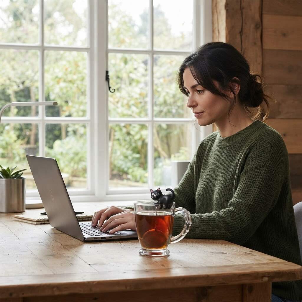 Infuseur à thé Chat Irrésistible noir en infusion dans tassse en verre femme en télé-travail