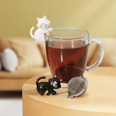 Petit chat blanc Infuseur à thé accroché sur le bord tasse en verre