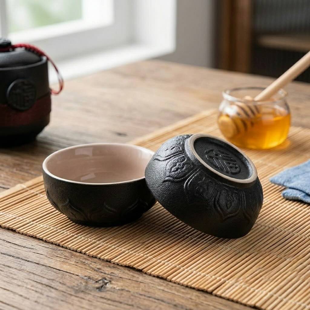 Service à thé Pulsar Noir focus sur détails des tasses déposées sur napperon bambou