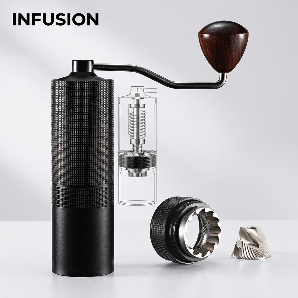 Vue éclatée du moulin a cafe | Le Pommeau en aluminium noir, montrant son mécanisme interne, ses meules coniques en acier 420 et sa poignée ergonomique en bois.
