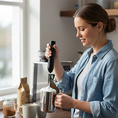 Barista maison utilisant le Mousseur a lait | Le Moussaillon noir avec un pichet en inox.