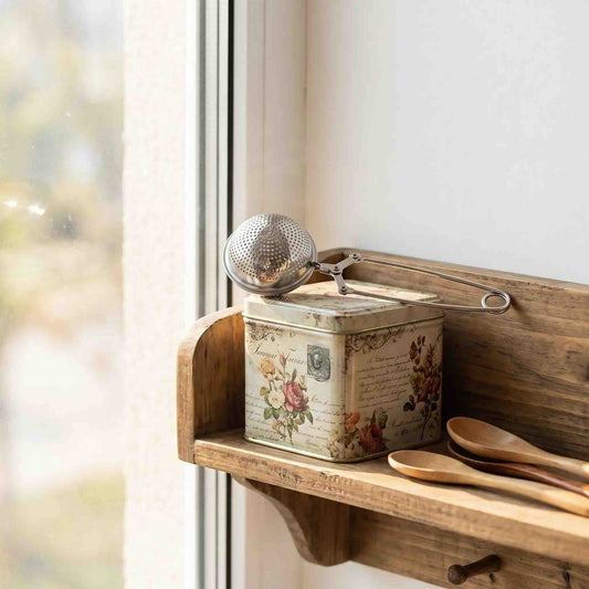 Boule à thé Infusion Élégante à pince déposée sur boîte à thé devant fenêtre