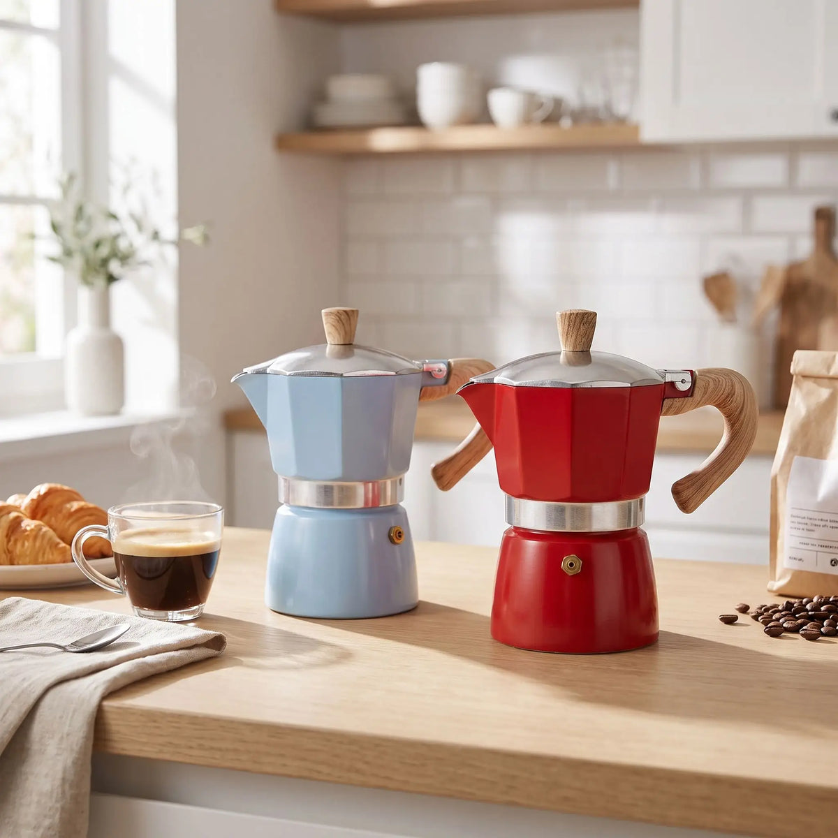 Cafetière à l'italienne Compacta duo de cafetières moka bleue et rouge poignées bois sur comptoir en bois
