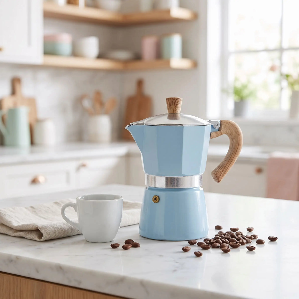 Cafetière à l'italienne Compacta moka bleue poignée bois sur marbre avec tasse et grains