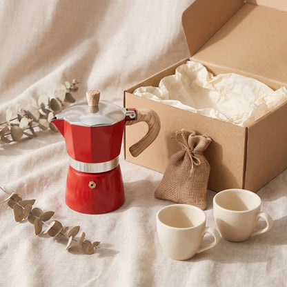 Cafetière à l'italienne Compacta moka rouge poignée bois en coffret cadeau avec tasses