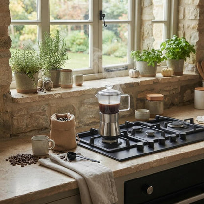 Cafetière à l'italienne déposée sur cuisinière au gaz