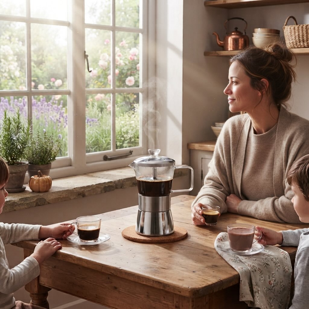 Cafetière à l'italienne déposée sur table avec femme et deux enfants pour une pause chocolat chaud et espresso