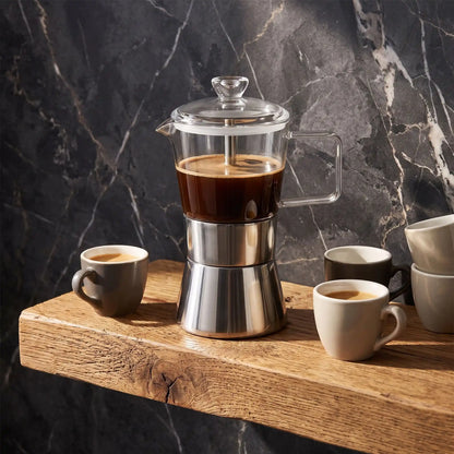 Cafetière àl'italienne Moka Vista sur tablette en bois avec tasses espresso