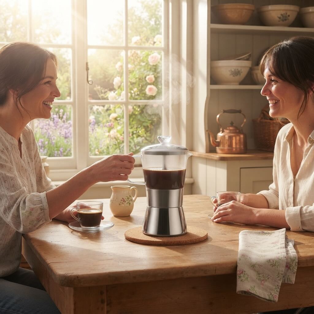 Cafetière à l'italienne utilisée dans une reconcontre amicale pour une pause espresso