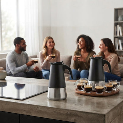 Cafetière italienne induction 6 tasses au centre d'une rencontre entre amis