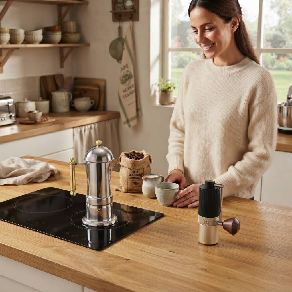 Cafetière italienne induction déposée sur une plaque à induction ambiance champêtre