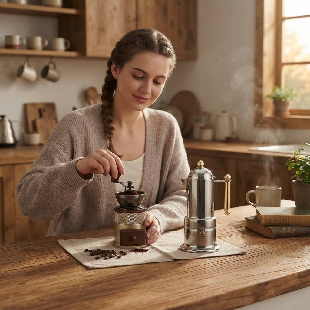 Cafetière italienne induction L'Élégante près d'une femme entrain de moudre du café