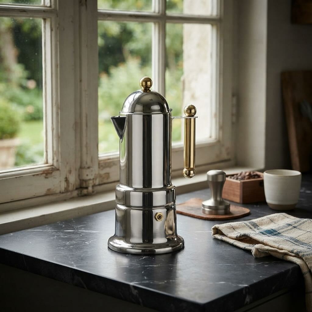 Cafetière italienne induction L'Élégante près d'une fenêtre avec accessoires barista