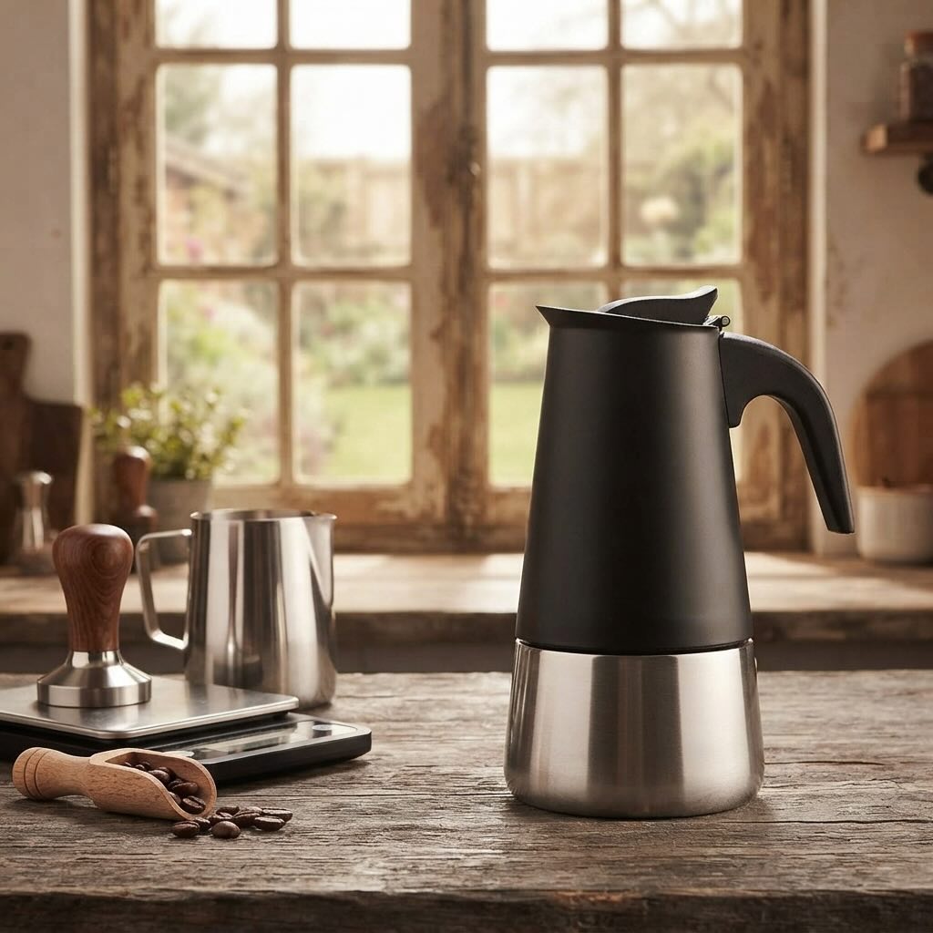 Cafetière italienne Karisme déposée sur table champêtre avec accessoires de barista