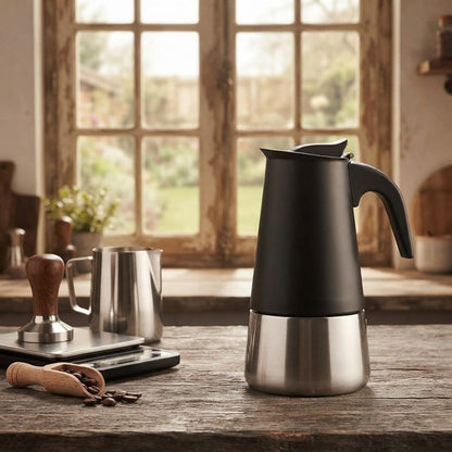 Cafetière italienne Karisme déposée sur table champêtre avec accessoires de barista