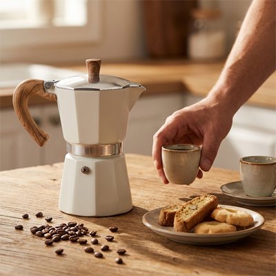 Cafetière italienne | Moka Nordique blanche en aluminium sur comptoir champêtre avec assiette biscuits italiens.