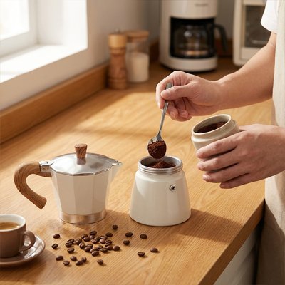 Cafetière italienne | Moka Nordique blanche ouverte remplie de café moulu.