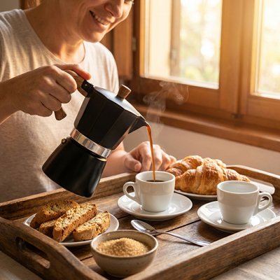Cafetière italienne | Moka Nordique noire et bois servant un café fumant 