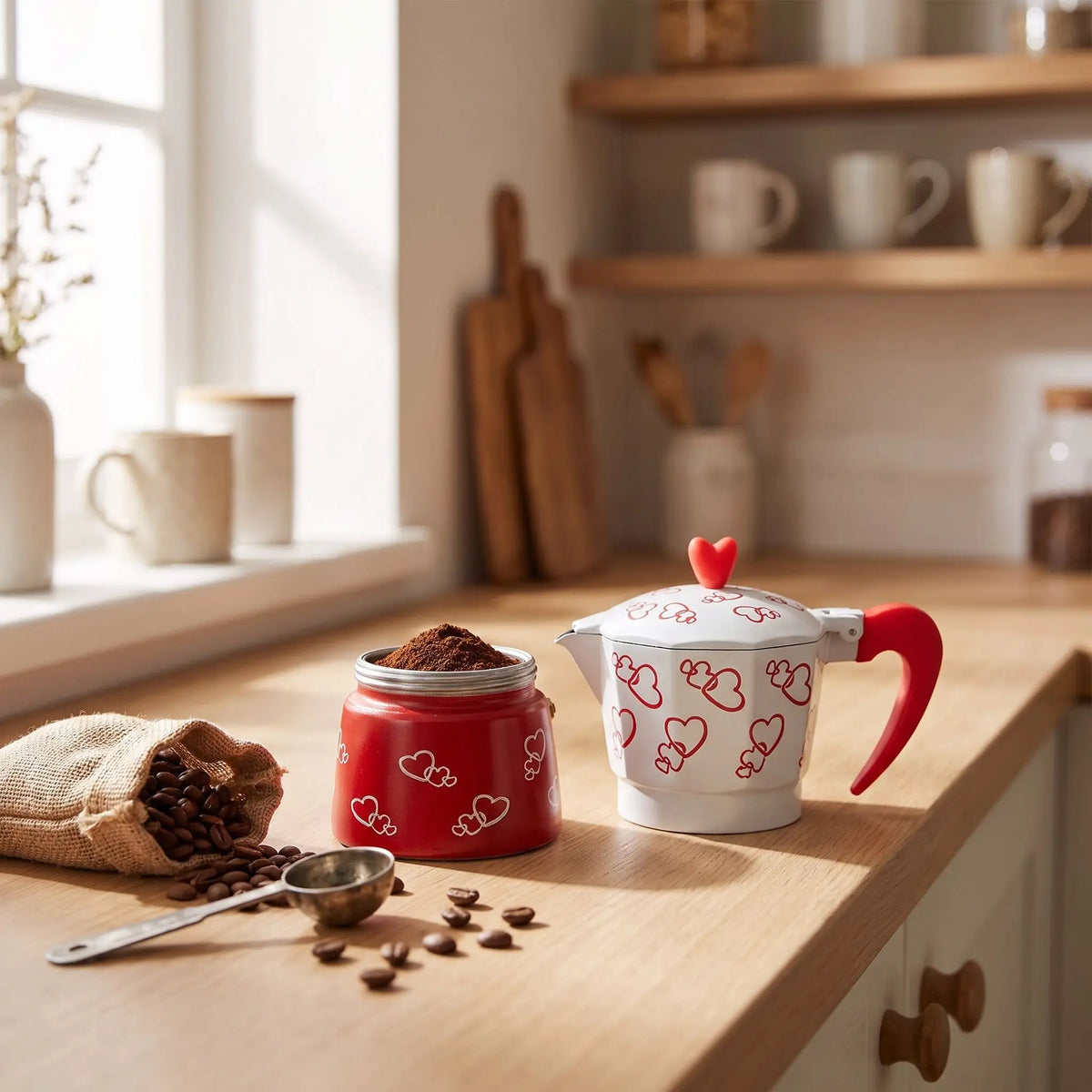 Cafetière italienne Romantica ouverte avec avec du café moulu et des grains