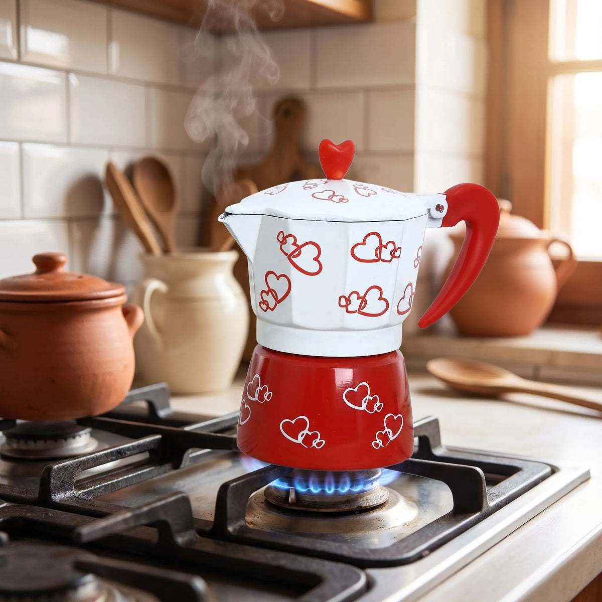 Cafetière italienne Romantica en train de chauffer sur une cuisinière à gaz