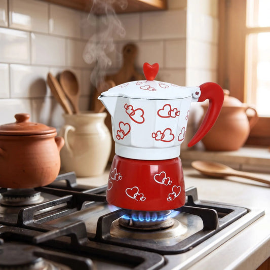 Cafetière italienne Romantica en train de chauffer sur une cuisinière à gaz