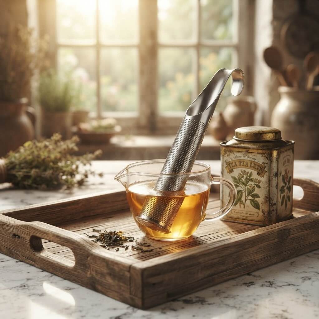 Cuillère à thé Élégance-Inox dans une tasse en verre cabaret en bois et boîte à thé à proximité