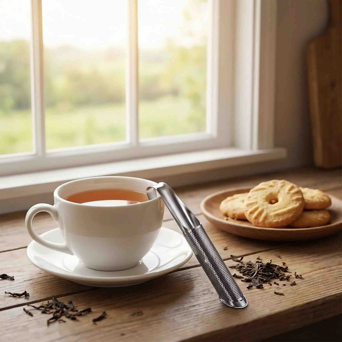 Cuillère à thé Élégance-Inox déposée sur le bord externe d'une tasse en céramique blanche