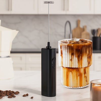 Design élégant et vertical du mousseur a lait | Crémeux Express posé sur un comptoir à côté d'un café glacé gourmand.