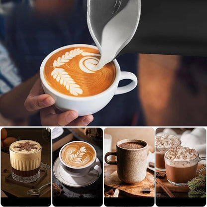 Différentes boissons chaudes et froides réalisées avec le Mousseur à lait électrique:  latte art, cappuccino, chocolat chaud.