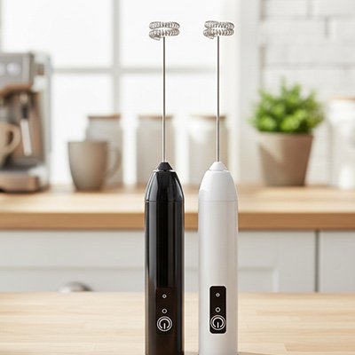 Duo de Mousseur a lait | Le Moussaillon noir et blanc sur un plan de travail de cuisine.