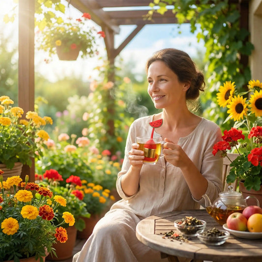 Femme entrain de prendre sa tisane infusée avec Infuseur à Thé | Couleurs d'Été de syle Pastèque dans son jardin de fleurs.