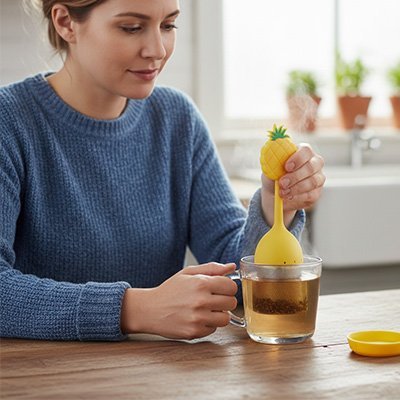 Femme retire infuseur à thé en silicone jaune en forme ananas d'une tasse en verre fumante panier en acier inox