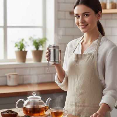 Femme souriante dans une cuisine lumineuse tenant l'Infuseur a Thé | TeaTanic prêt pour la dégustation.