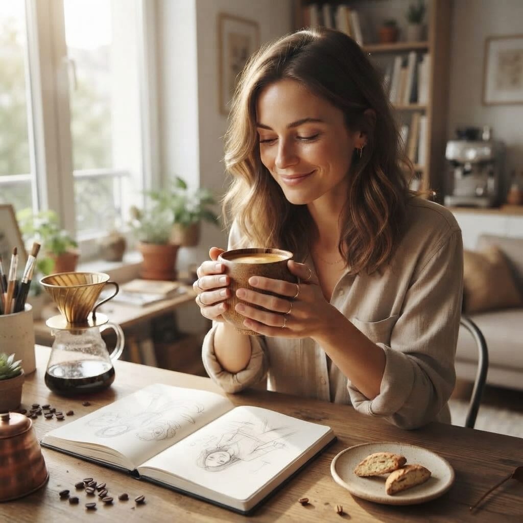 Femme tenant café mug Minimal marron entre ses mains savourant son espresso