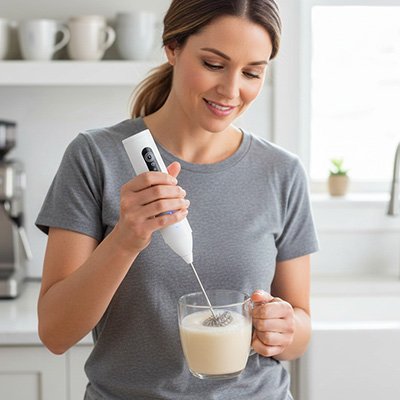 Femme utilisant le Mousseur a lait | Le Moussaillon blanc pour mousser du lait dans une tasse.