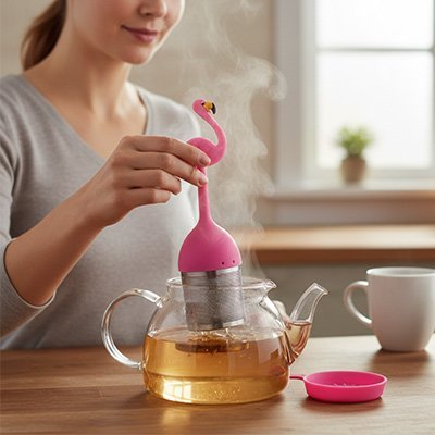 Femme utilisant son infuseur à thé flamant rose dans théière en verre.  Prise en main sans se brûler avec son manche en silicone.