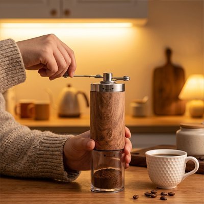 Gros plan détaillé sur le Moulin à Café | Arômes Intenses manuel en cours d'utilisation, montrant le contraste entre le bois naturel, l'acier inoxydable et le café fraîchement moulu.