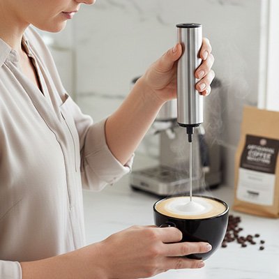 Gros plan sur l'utilisation d'un mousseur a lait pour sublimer un café en cuisine.