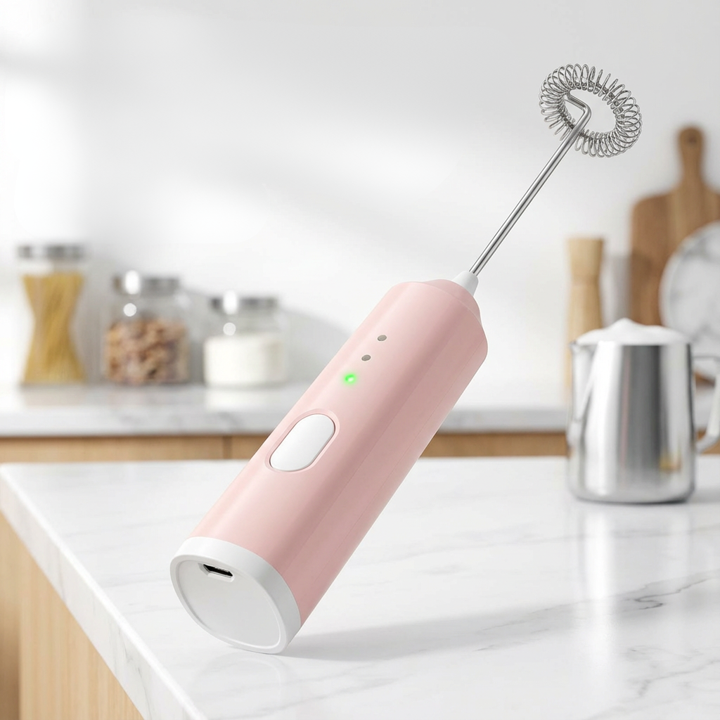 Gros plan sur le mousseur de lait | L'Hybride rose avec vue sur la prise USB et ses fonctionnalités. 