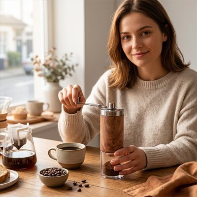Gros plan sur une femme qui utilise le Moulin à Café | Arômes Intenses manuel.  Le réceptacle transparent commence à se remplir de café moulu.