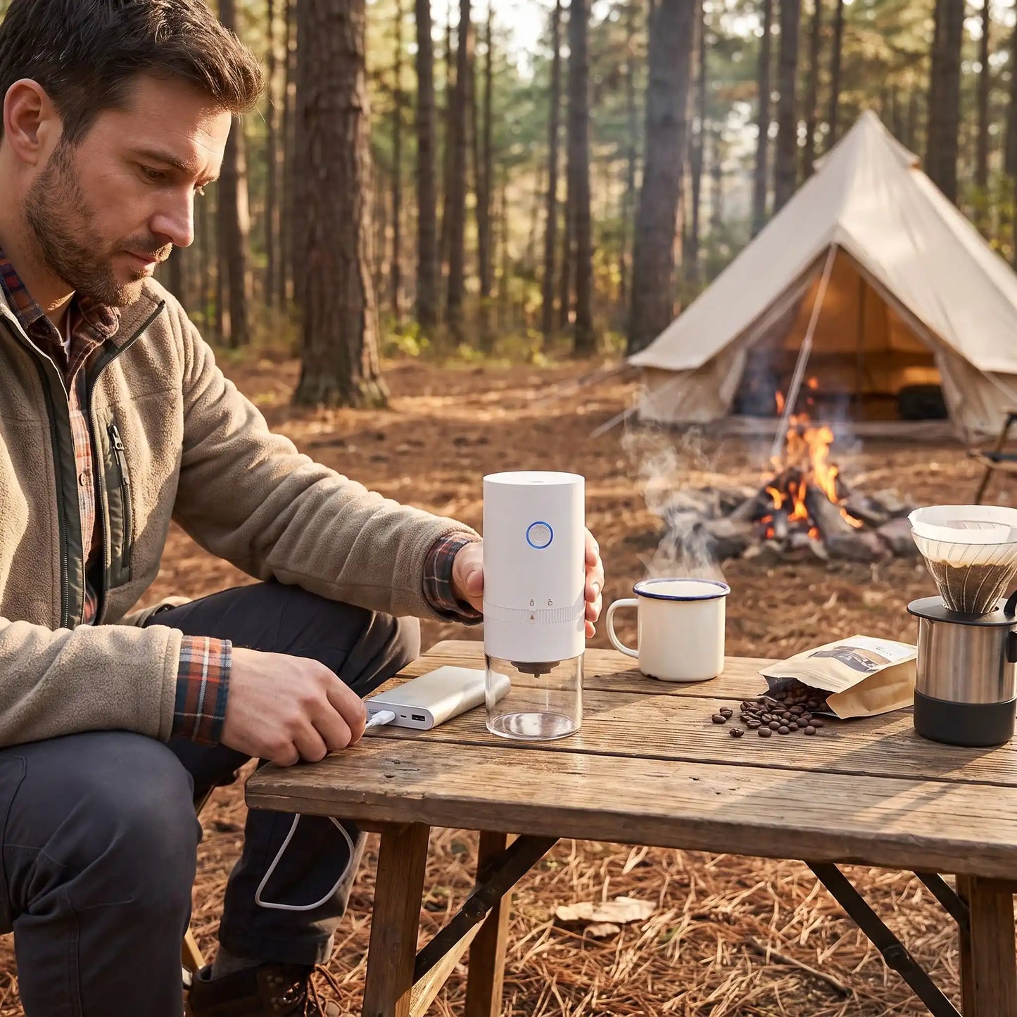 Homme charge son moulin à café blanc avec câble USB en camping.