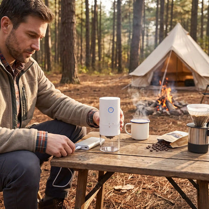 Homme charge son moulin à café blanc avec câble USB en camping.