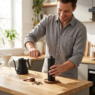 Homme moulant ses grains de café dans une cuisine avec le moulin a cafe | Le Pommeau