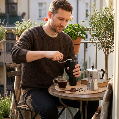 Homme utilisant le moulin a cafe | Le Pommeau sur un balcon à côté d'une cafetière moka.