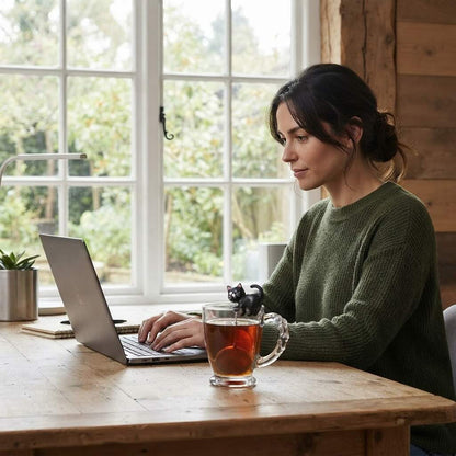 Infuseur à thé Chat Irrésistible noir en infusion dans tassse en verre femme en télé-travail

