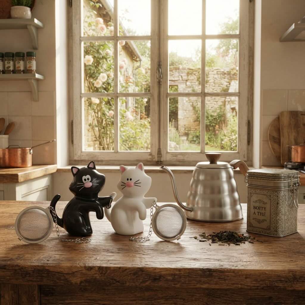 Infuseur à thé Chat Irrésistible noir et blanc déposés sur comptoir champêtre