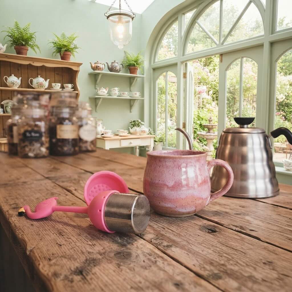 Infuseur à thé Couleurs d'été flamant rose couché sur comptoir près d'une tasse et d'une bouilloire col de cygne